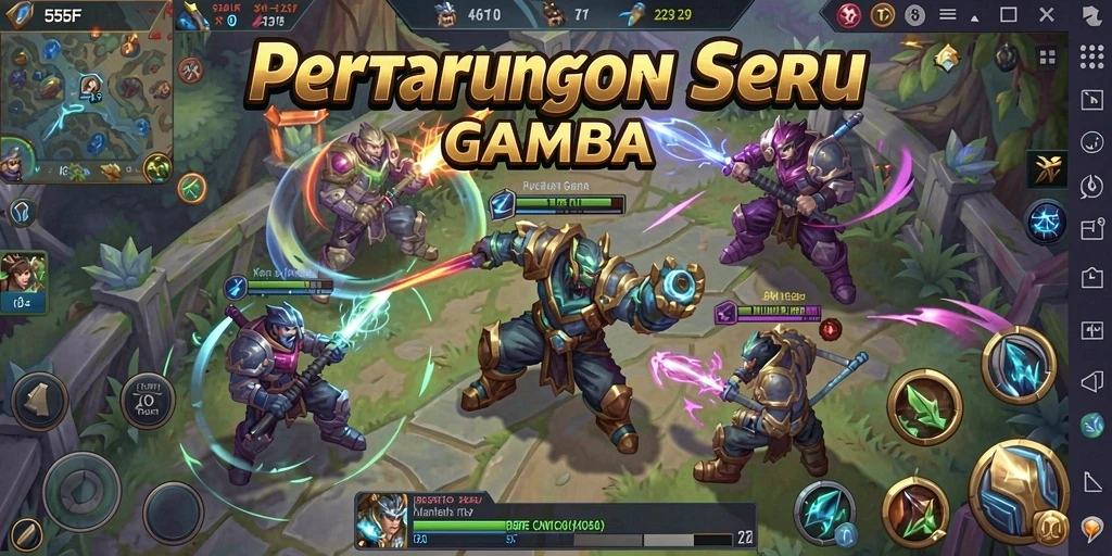 Tampilan seru gameplay di 555F selama pertarungan MOBA.