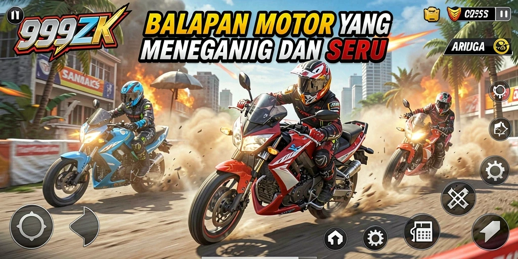 Screenshot gameplay <strong>999ZK</strong> menunjukkan aksi balapan motor yang mendebarkan.