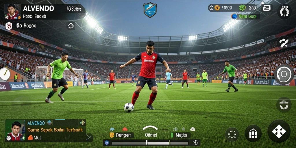 Screenshot gameplay ALVENDO menampilkan aksi pertandingan sepak bola yang mendebarkan.