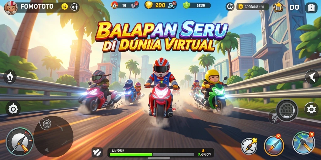 Screenshot gameplay FOMOTOTO menampilkan kegembiraan balapan di lintasan.