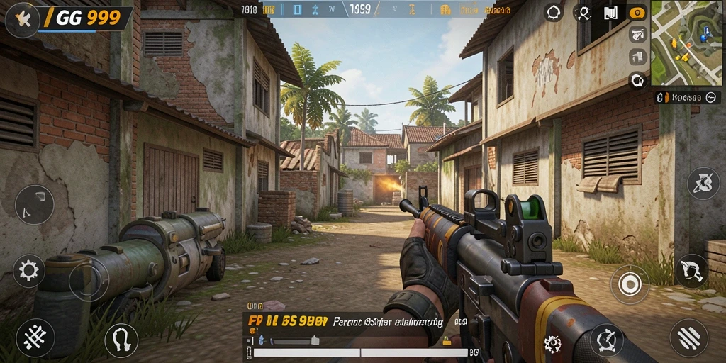 Gameplay GG999 yang intens dalam aksi pertempuran FPS.