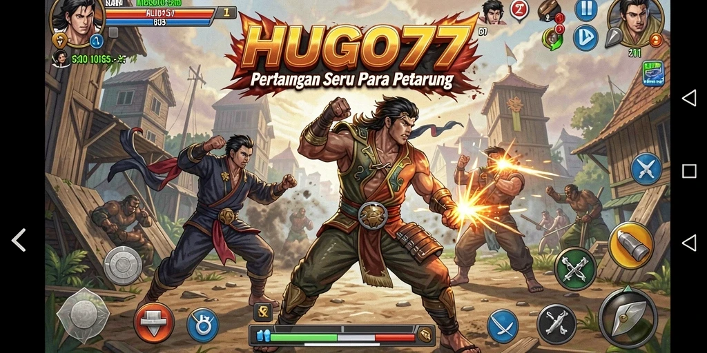 Tampilan gameplay HUGO77 yang menampilkan aksi pertarungan mendebarkan.