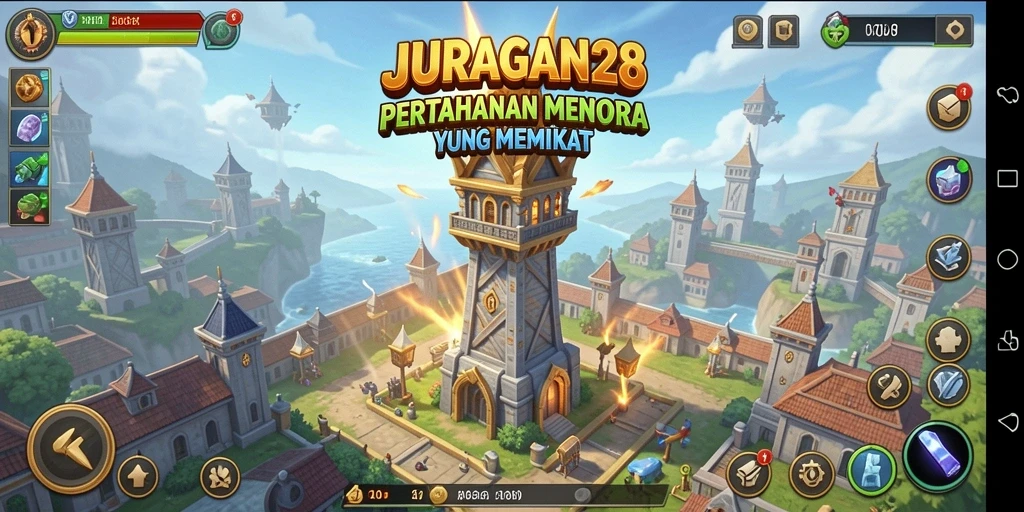 Tampilan aksi menara dan serangan musuh di JURAGAN28.