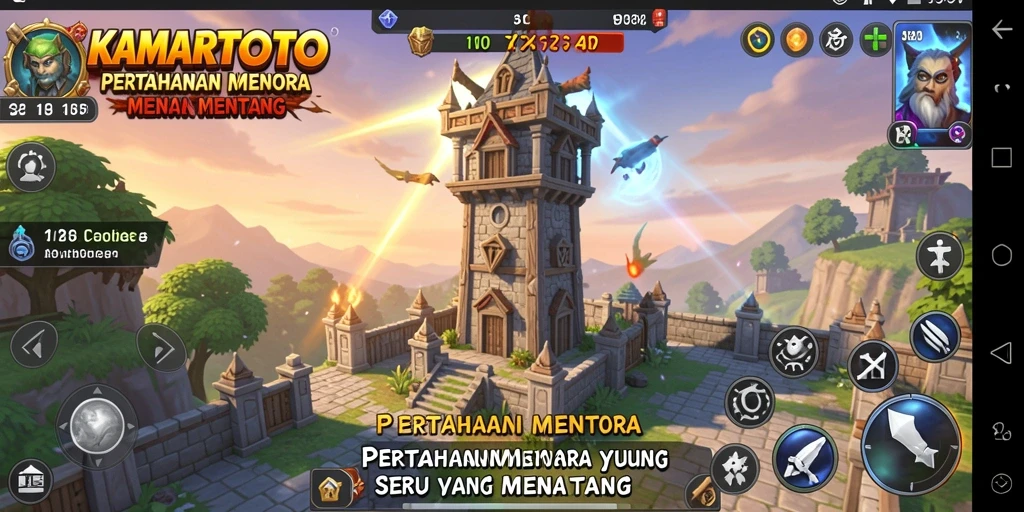 Screenshot gameplay KAMARTOTO menampilkan aksi pertahanan menara yang intens.