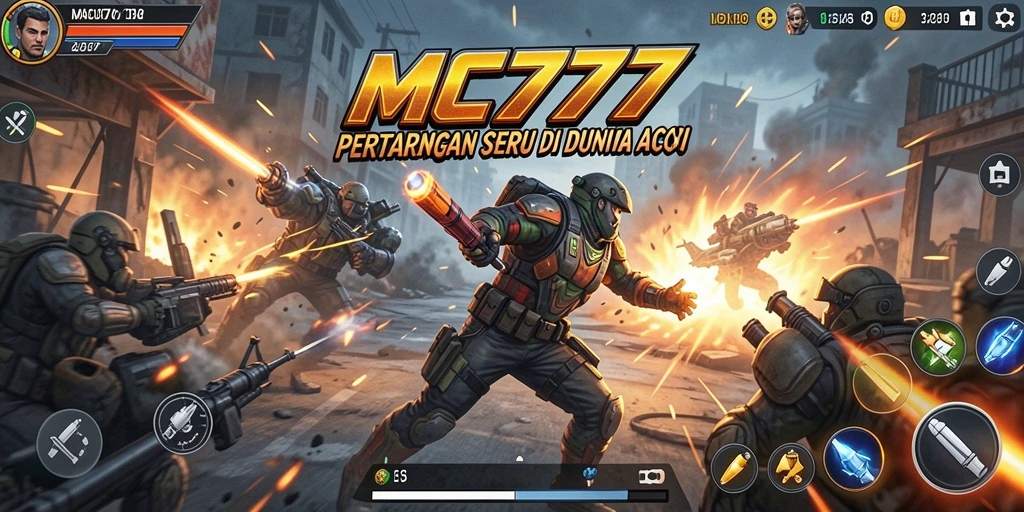 Screenshot utama MC777 menampilkan pertarungan aksi yang intens.