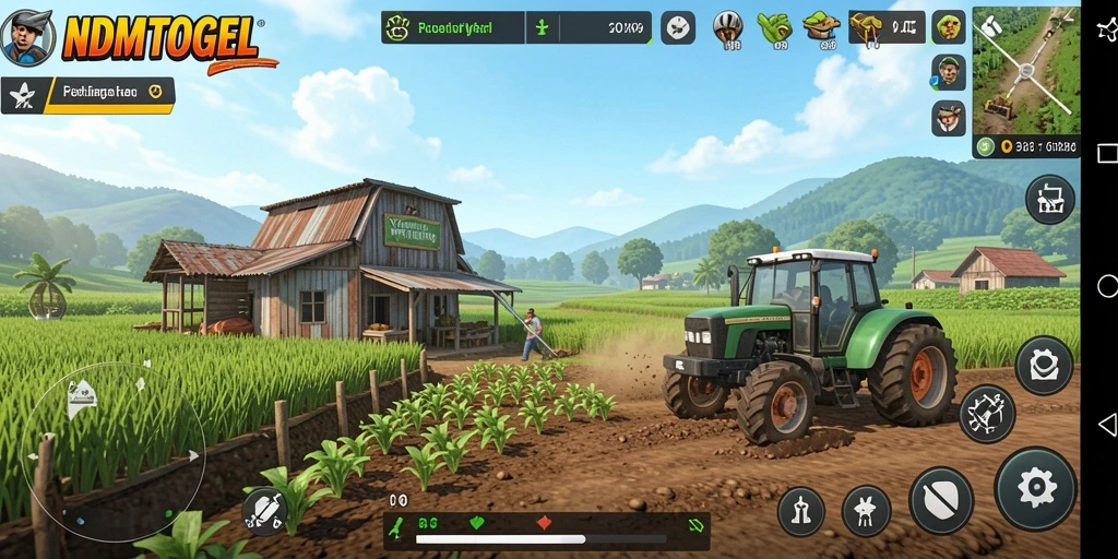 Screenshot gameplay <strong>NDMTOGEL</strong> memperlihatkan kebun subur dan aktivitas bertani yang menyenangkan.