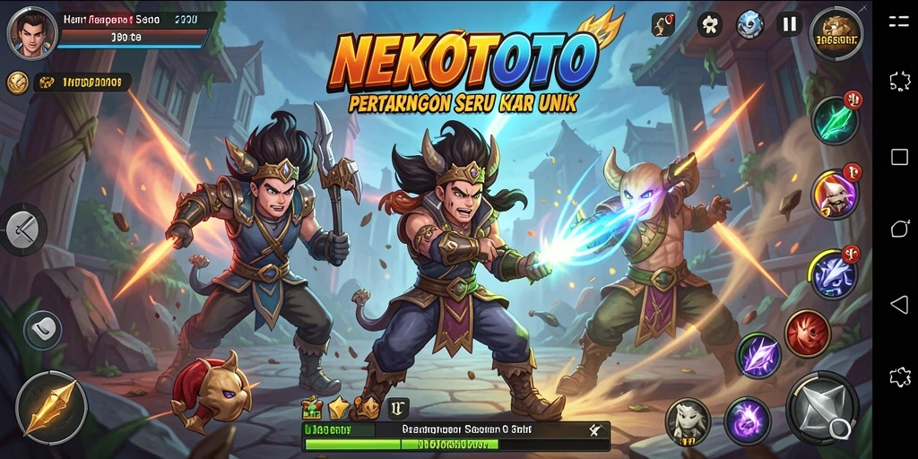 Screenshot gameplay NEKOTOTO dengan karakter sedang bertarung.