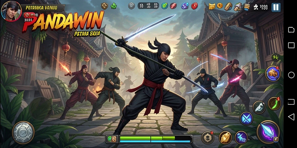 Gameplay PANDAWIN yang menegangkan dengan pertarungan ninja.