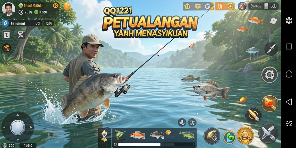 Screenshot gameplay QQ1221 menampilkan suasana memancing yang menegangkan.