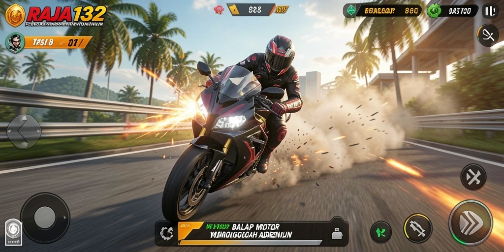 Tampilan gameplay seru dalam RAJA132 yang penuh aksi balap motor.