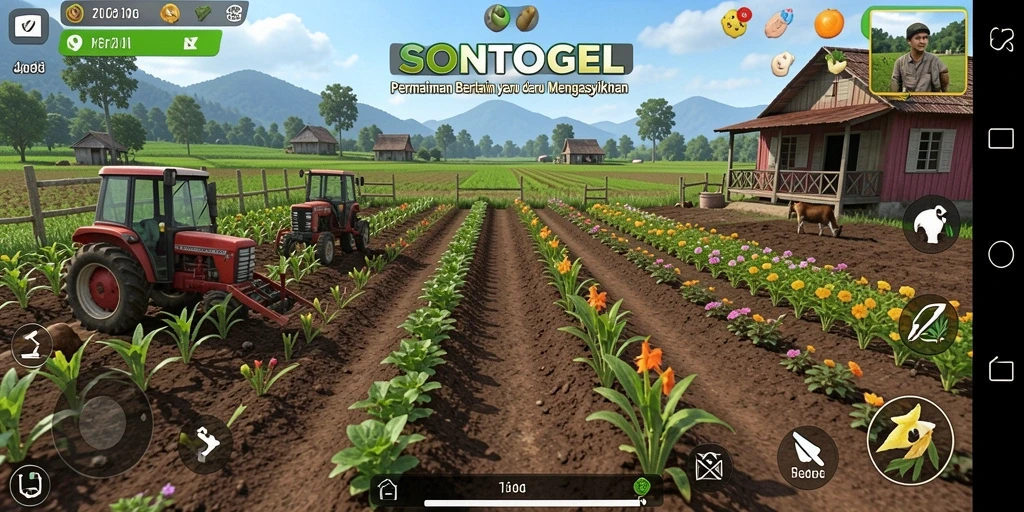 Screenshot utama menunjukkan gameplay seru dalam management pertanian.