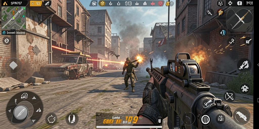Tampilan gameplay mendebarkan dari SPIN707 dalam aksi TPS.