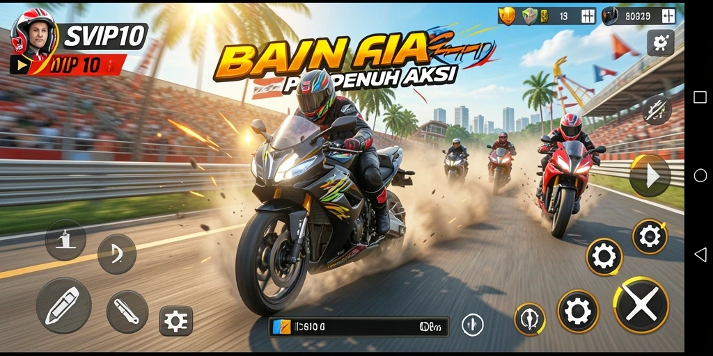 Tangkapan layar gameplay SVIP10 menampilkan aksi balapan motor yang mendebarkan.