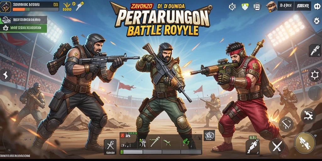 Screenshot gameplay intens di ZAVONZO menampilkan aksi Battle Royale.